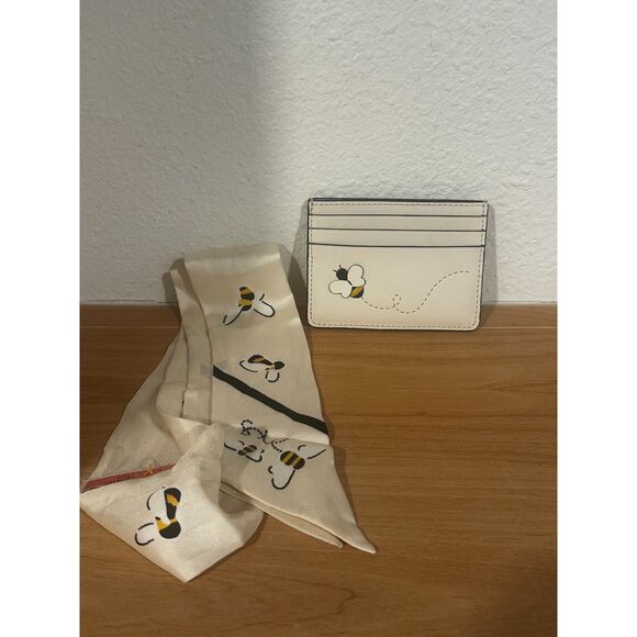 BUNDLE! Kate Spade Bee Leather Slim Card Case & Bee Silk Skinny Scarf Multi EUC - Picture 1 of 6
